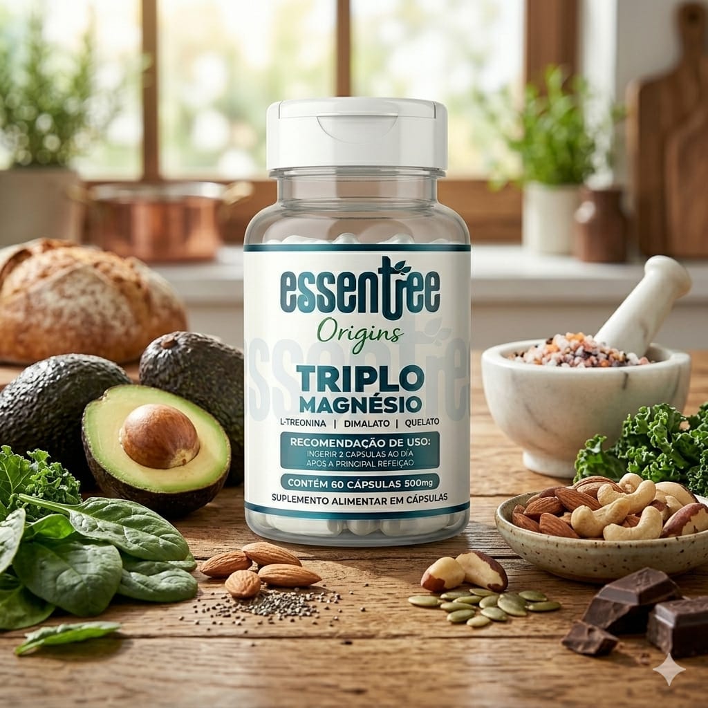 Pote de Triplo Magnésio Essentree Origins numa bancada de cozinha, cercado de ingredientes naturais